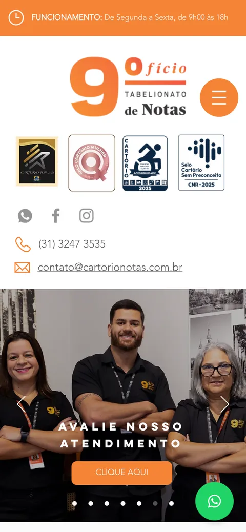 Site do Cartório do 9º Ofício de Notas no celular