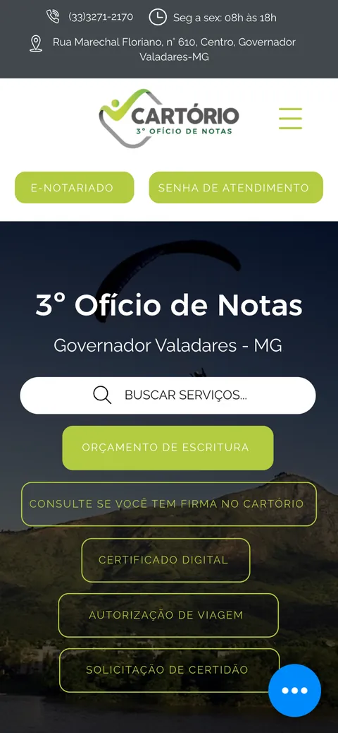 Site do 3º Ofício de Notas de Governador Valadares no celular
